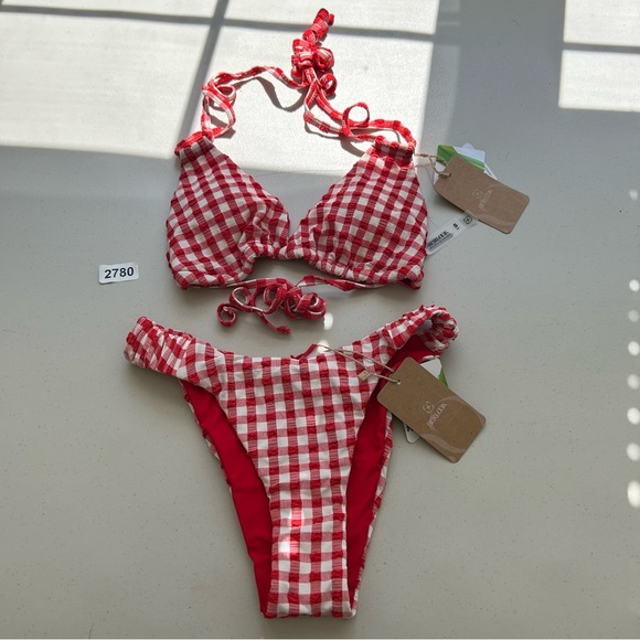 Berlook  Bikini Small Red Plaid Double Strap Triangle Top Ruched Bikini Bottom - Picture 1 of 10